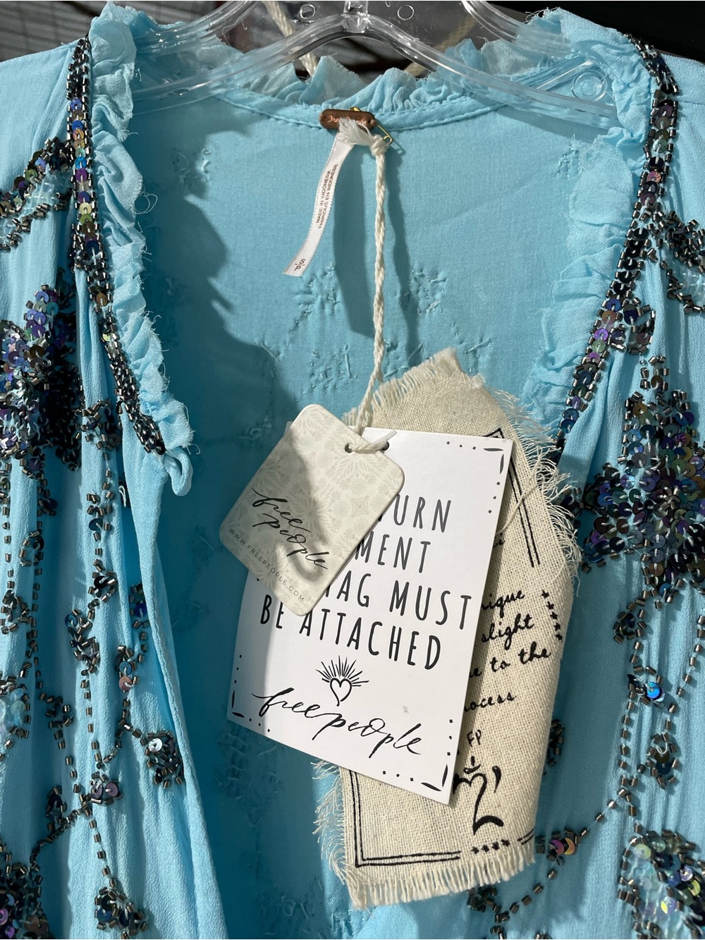 Free People Sky Blue Sequin Embellished Boho Mini Dress - Picture 4 of 6